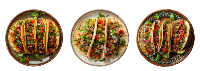 Three vibrant plates of delicious tacos topped with fresh ingredients, garnished with herbs, presented against a white background.