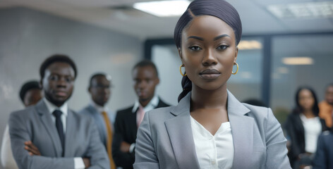 Fototapeta premium Portrait of a mature businesswoman in an office, showcasing a professional corporate manager among a diverse team.