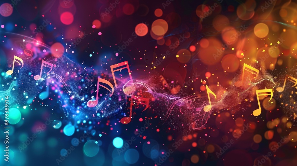 Wall mural abstract colorful music notes with bokeh lights background.