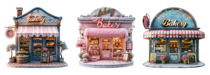 Charming bakery storefronts in a whimsical, colorful design, showcasing delicious pastries and sweets in a picturesque setting.