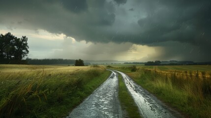 rain cloud moves over a quiet countryside road, its shadow providing a cool respite from the summer heat.