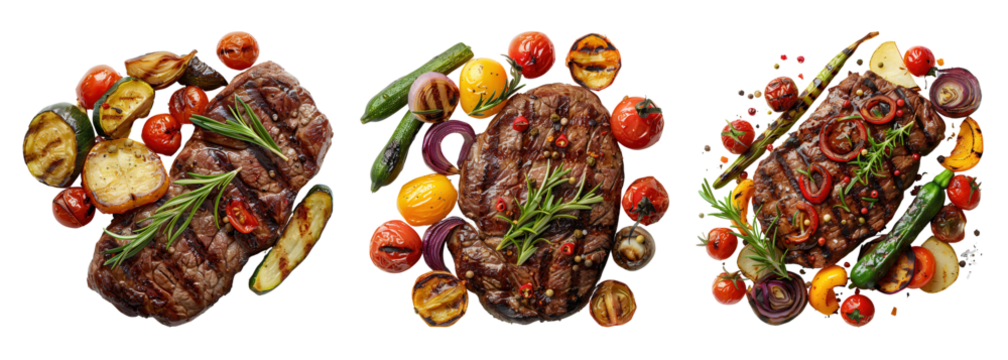 Assorted grilled steaks with vegetables, perfectly cooked and garnished, showcasing delicious and appetizing food platters.