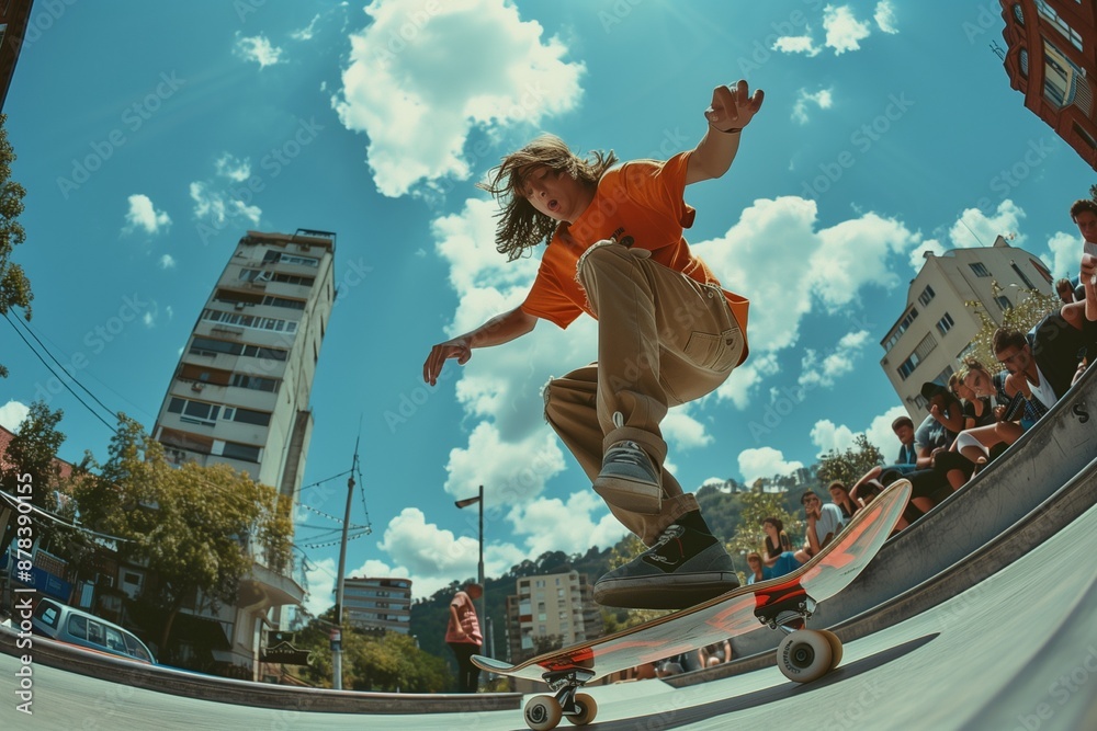 Wall mural Skater doing kickflip on the ramp at skate park 