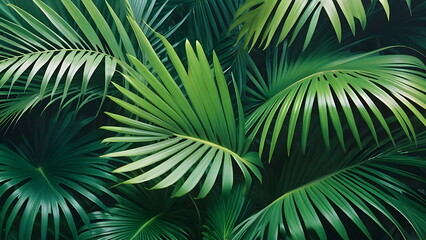 Lush tropical palm leaves foliage background. Green foliage nature backdrop. Green jungle abstract natural texture.