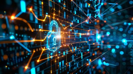 Obraz premium Abstract digital background with glowing padlock and circuit board pattern, representing cybersecurity and data protection.