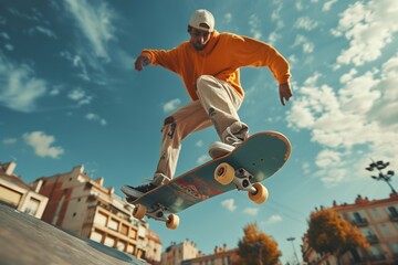 Skater doing kickflip on the ramp at skate park 