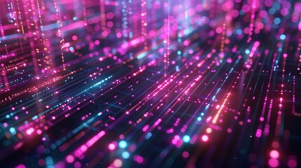 Abstract digital background with glowing pink and blue lines and particles.
