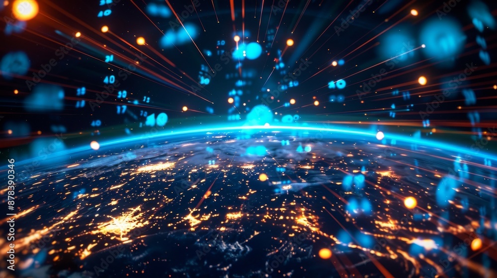 Wall mural abstract digital data and numbers flowing around a glowing earth at night.