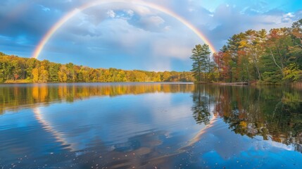 serene lake, its reflection creating a double arc of colors on the water's surface.