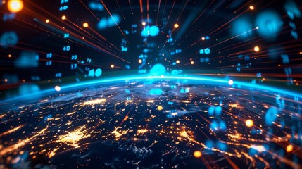 Fototapeta premium Abstract digital data and numbers flowing around a glowing Earth at night.