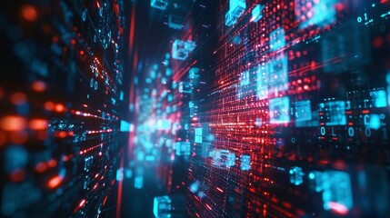 Obraz premium Abstract digital data stream with glowing blue and red squares, representing the flow of information in cyberspace.