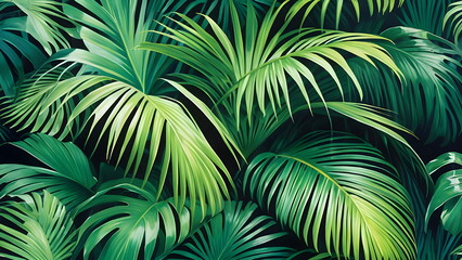 Lush Green Tropical Palm Leaves Background, Nature, Tropical, Summer, Jungle, Plants