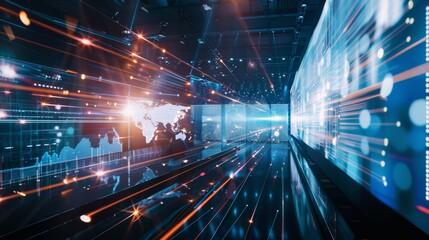 Abstract digital data stream with glowing lines and world map, representing global connectivity and digital information flow.