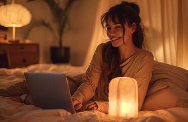 A joyful woman sits on her bed, using a laptop with contentment and relaxation