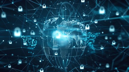Obraz premium Abstract digital illustration of a globe surrounded by glowing lock icons, symbolizing global cybersecurity and data protection.