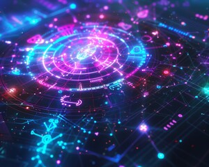 Obraz premium Abstract digital interface with glowing neon lights and symbols.