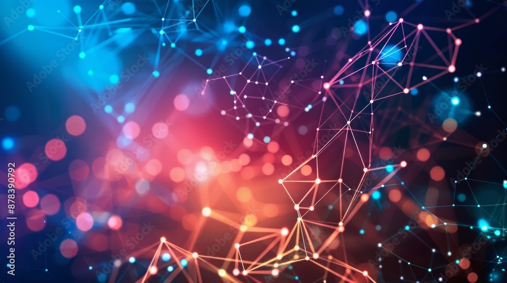 Wall mural abstract digital network with glowing connections and bokeh lights, representing technology and inno
