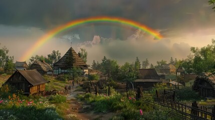 rainbow arches over a peaceful village, its colors bringing joy and wonder to the community.