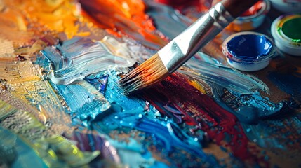 Fototapeta premium Painting on Canvas: Close-up of a paintbrush applying vibrant colors to a canvas, with paint tubes and a palette nearby. 