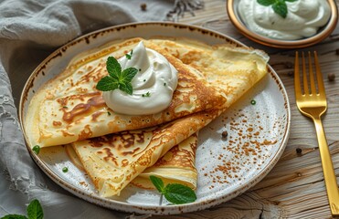 Two crepes topped with white cream arranged elegantly on a plate