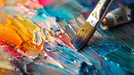 Fototapeta premium Painting on Canvas: Close-up of a paintbrush applying vibrant colors to a canvas, with paint tubes and a palette nearby. 