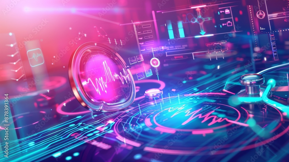 Wall mural abstract futuristic digital technology interface with glowing neon lights and intricate circuits.