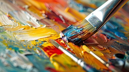 Painting on Canvas: Close-up of a paintbrush applying vibrant colors to a canvas, with paint tubes and a palette nearby.
