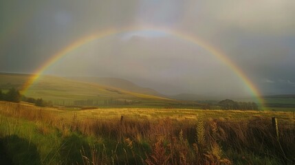 rainbow arches over a quiet village by the sea, its colors adding a touch of magic to the scene.