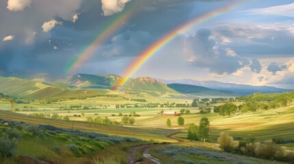 Obraz premium rainbow arches over a quiet village by the sea, its colors adding a touch of magic to the scene.