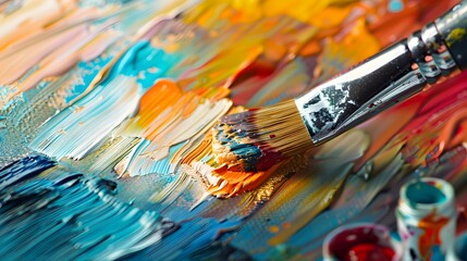 Obraz premium Painting on Canvas: Close-up of a paintbrush applying vibrant colors to a canvas, with paint tubes and a palette nearby. 