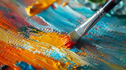 Fototapeta premium Painting on Canvas: Close-up of a paintbrush applying vibrant colors to a canvas, with paint tubes and a palette nearby. 