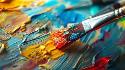 Fototapeta premium Painting on Canvas: Close-up of a paintbrush applying vibrant colors to a canvas, with paint tubes and a palette nearby. 