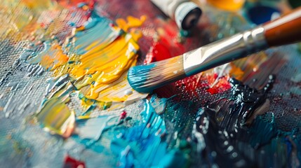 Painting on Canvas: Close-up of a paintbrush applying vibrant colors to a canvas, with paint tubes and a palette nearby.
