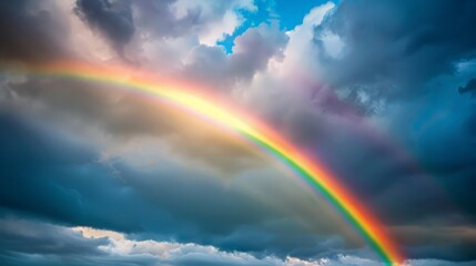 rainbow arches over a quiet village by the sea, its colors adding a touch of magic to the scene.
