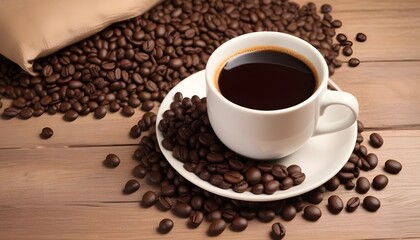 Fototapeta premium A cup of fresh coffee with coffee beans on wooden table closeup view