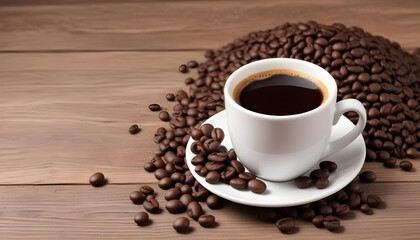 Obraz premium A cup of fresh coffee with coffee beans on wooden table closeup view