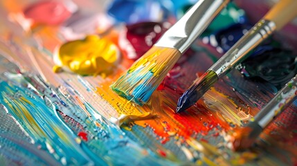 Fototapeta premium Painting on Canvas: Close-up of a paintbrush applying vibrant colors to a canvas, with paint tubes and a palette nearby. 