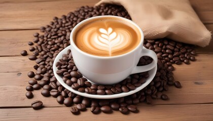 Fototapeta premium A cup of fresh coffee with coffee beans on wooden table closeup view