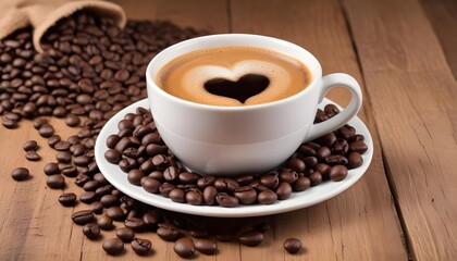 Fototapeta premium A cup of fresh coffee with coffee beans on wooden table closeup view