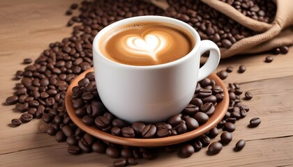 Fototapeta premium A cup of fresh coffee with coffee beans on wooden table closeup view