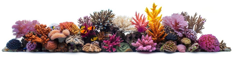 Fototapeta premium Vibrant colorful coral reef isolated on white background showcasing marine biodiversity and underwater beauty in a pristine oceanic display