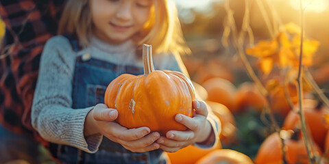 Family with small kids having much fun in pumpkin patch. Happy family at farm picking pumpkins for Halloween or Thanksgiving Day.