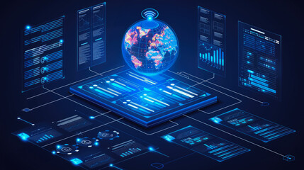  futuristic digital interface with a central holographic globe.