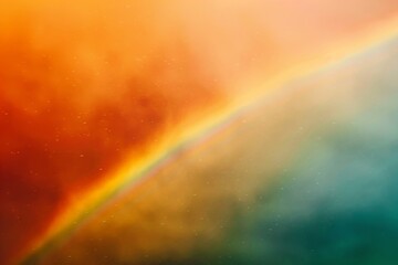 Abstract rainbow arc against a warm orange and green sky.