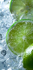 Close-up of fresh lime slices in sparkling water with bubbles