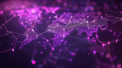 Fototapeta premium Abstract world map with glowing lines, representing global connectivity and data flow. Purple tones create a futuristic aesthetic.
