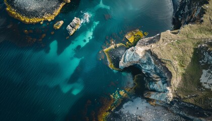 Aerial view of a rocky coastline with turquoise water and a dramatic cliff face.