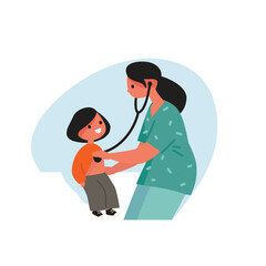 Child sitting at the office of pediatrician. Doctor examining a child with a stethoscope