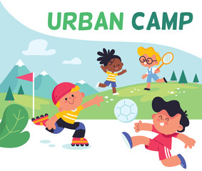 Children spend time outside, having fun, relaxing. Summer. Sunny day. Children engage in various activities in a good mood. Kids on holiday, vacation, weekends. Urban camp with different activities.