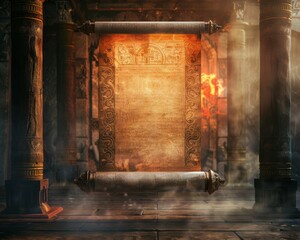 An ancient scroll hangs in a crumbling stone archway, bathed in warm, golden light.
